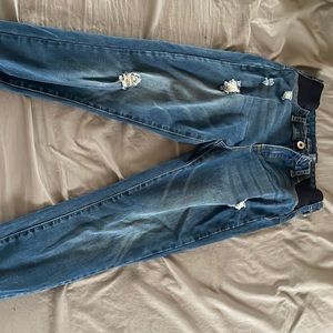 Maternity pants; cute in style blue jeans; ripped jeans